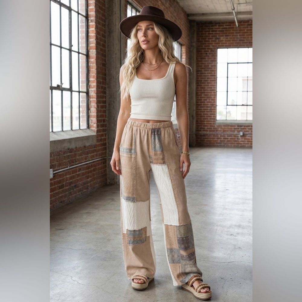 NWT J. Her Patchwork Cable Knit Bandana Boho Print Mixed Media Wide Leg Pants - Picture 3 of 13